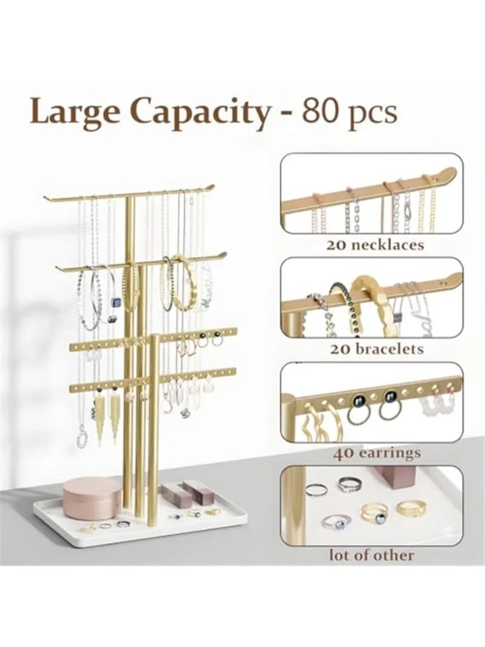 Jewelry Organizer Stand Necklace Bracelet Earring Holder Display Tray Gold 4 Bar